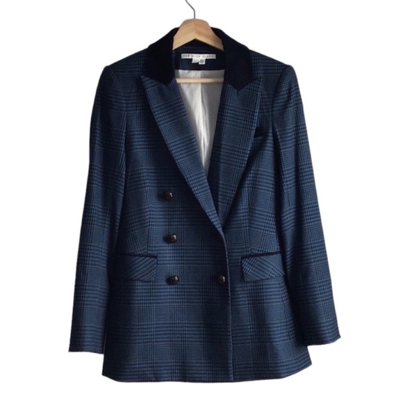 $790 VERONICA BEARD Ellette Navy Plaid Dickey Jacket black corduroy collar sz 0 - Picture 6 of 16